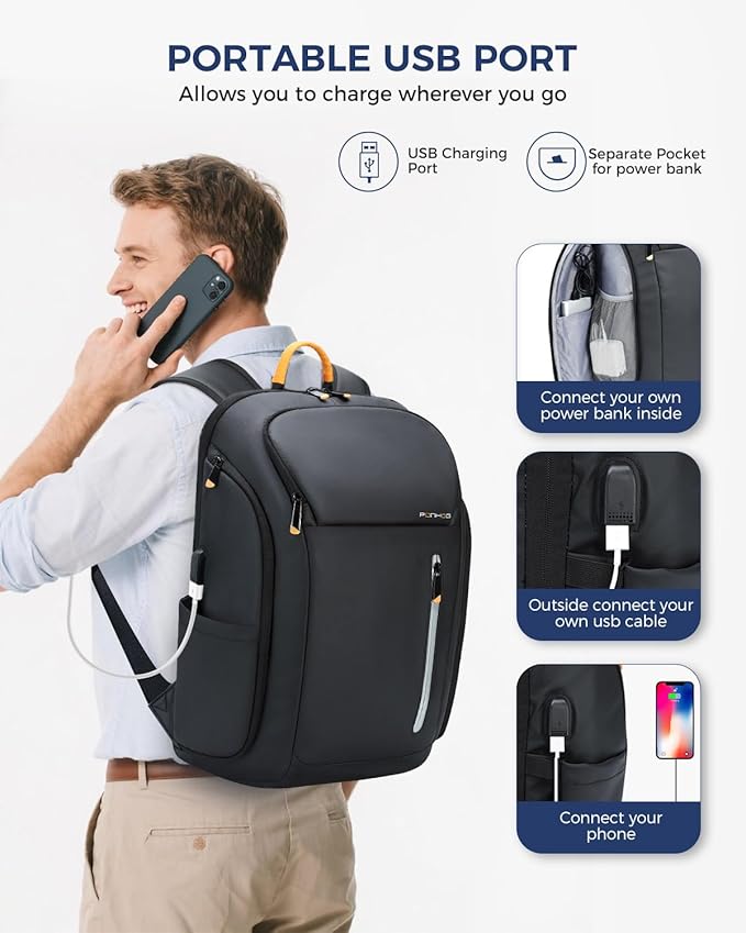 PONHOG Travel Laptop Backpack with USB Charging Port, TSA Friendly, Waterproof & 10 Pockets, Large Capacity for Business, School & Hiking"