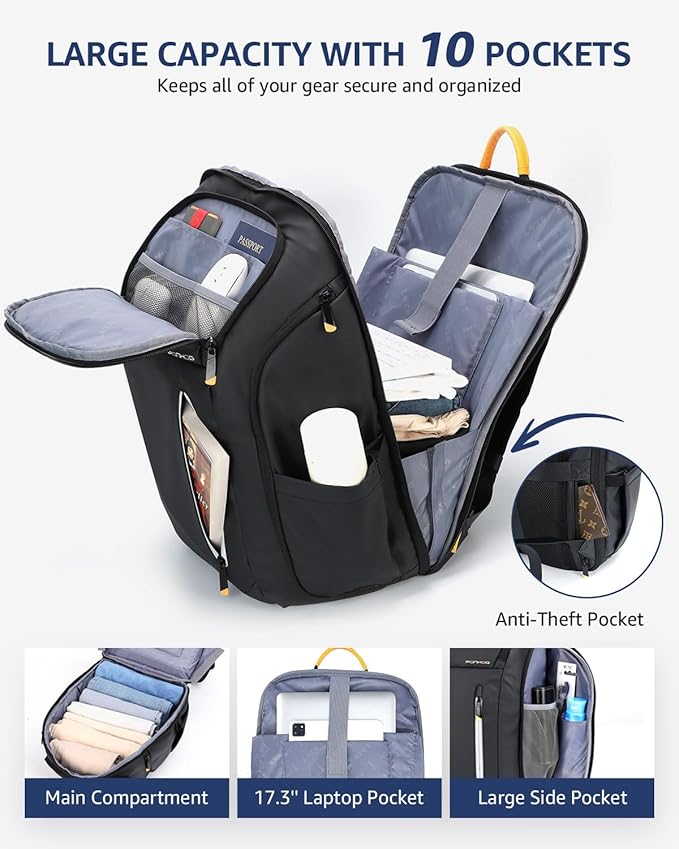 PONHOG Travel Laptop Backpack with USB Charging Port, TSA Friendly, Waterproof & 10 Pockets, Large Capacity for Business, School & Hiking"